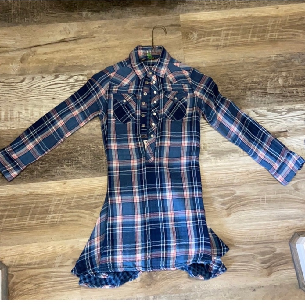 Ralph Lauren Girls Plaid Button-Front Dress in Navy and Pink